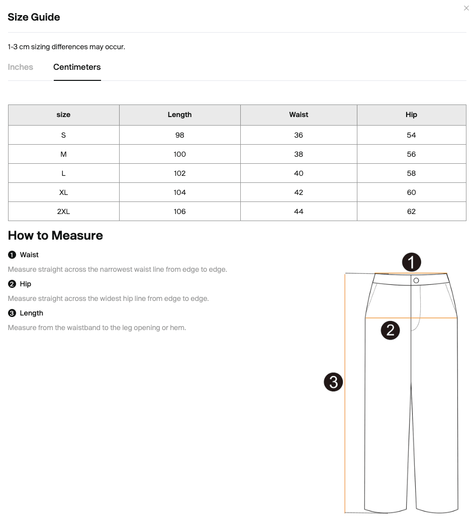 Size chart for the Merch in Town Lightweight Tapered Track Pants with measurements in centimeters.