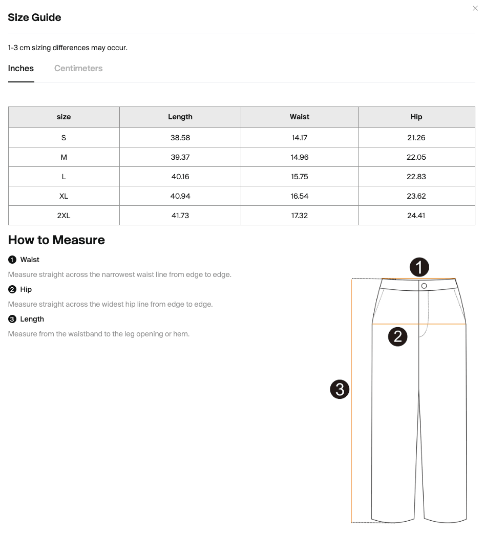 Size chart for the Merch in Town Lightweight Tapered Track Pants with measurements in inches.