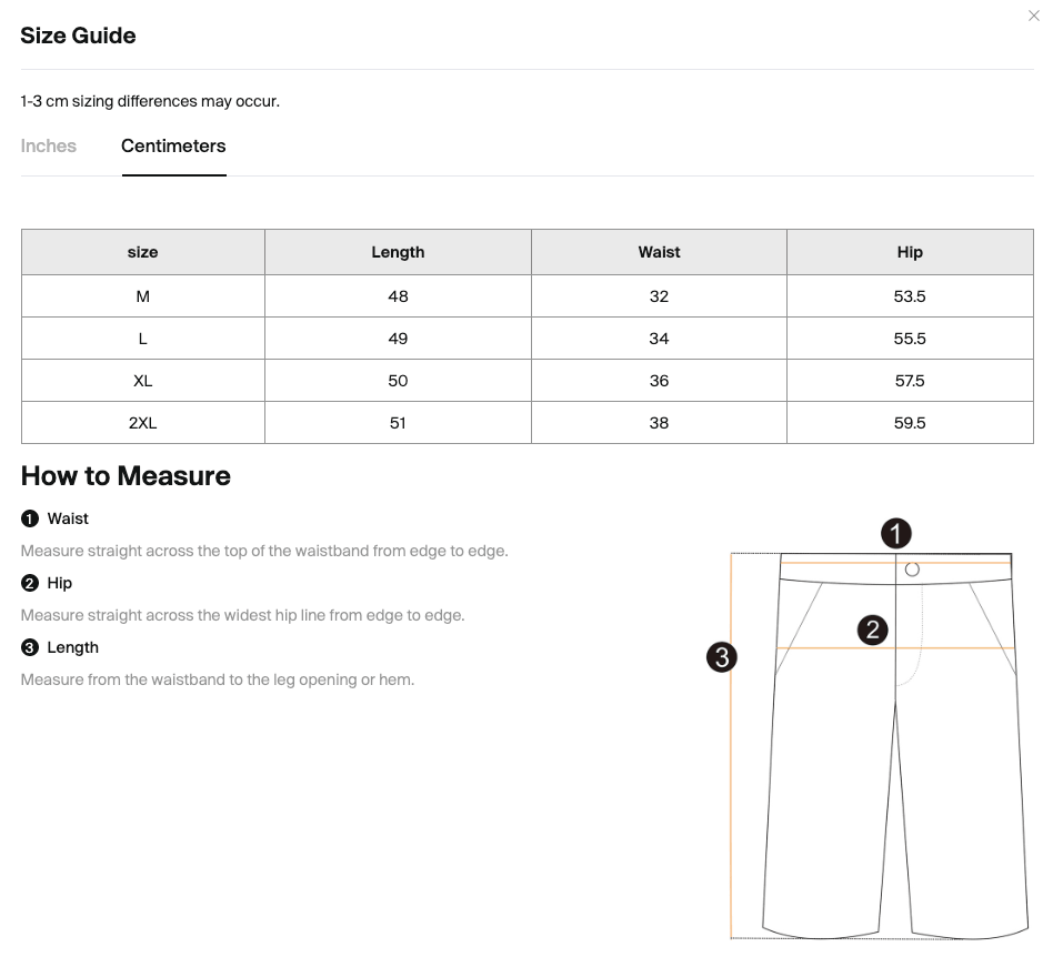 Size chart for the Merch in Town Vintage Wash Cotton Shorts with measurements in centimeters.