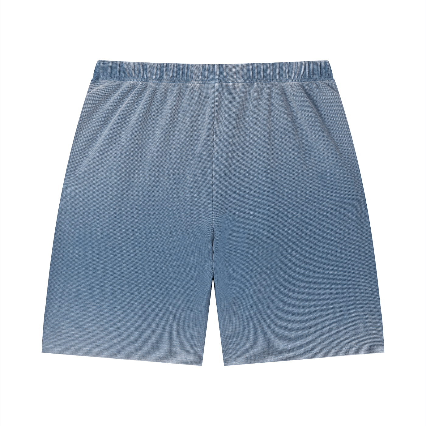 Merch in Town Vintage Wash Sunfade Waffle Raw Hem Shorts in Blue on a white background, back view.