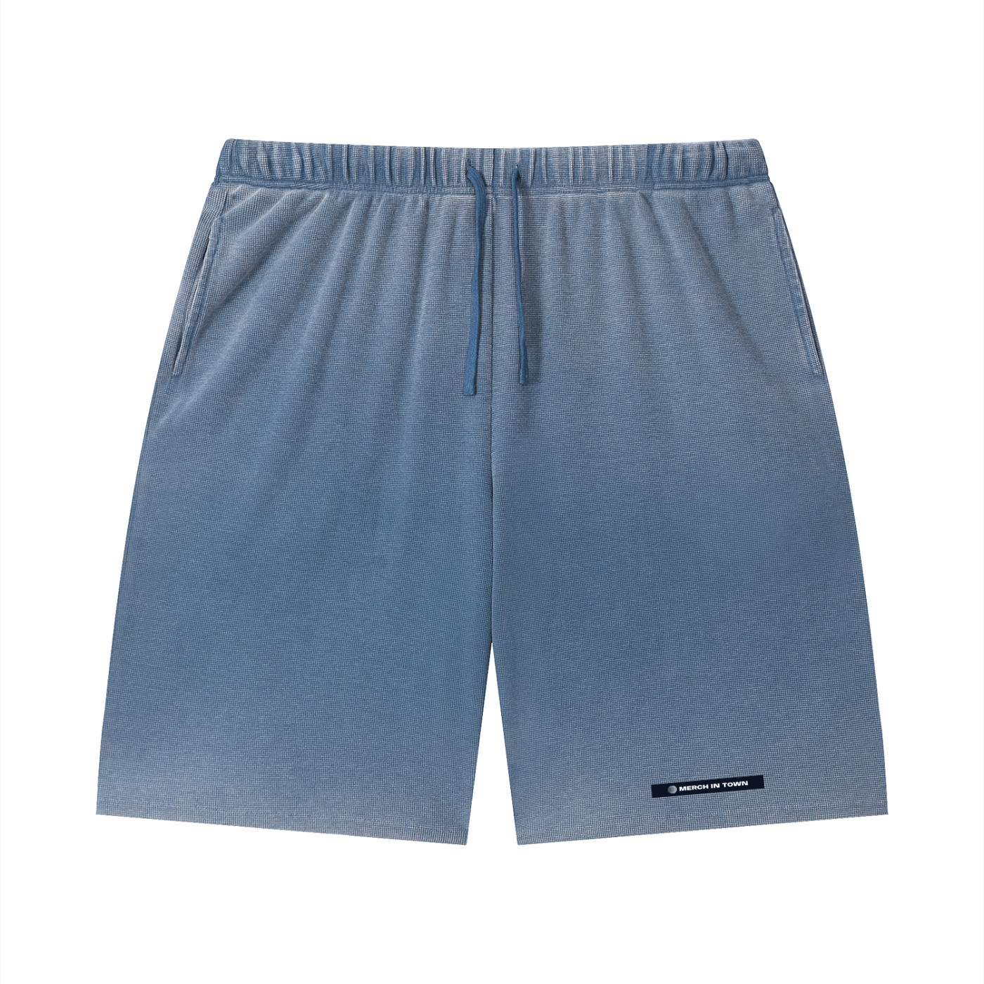 Merch in Town Vintage Wash Sunfade Waffle Raw Hem Shorts in Blue on a white background, front view.
