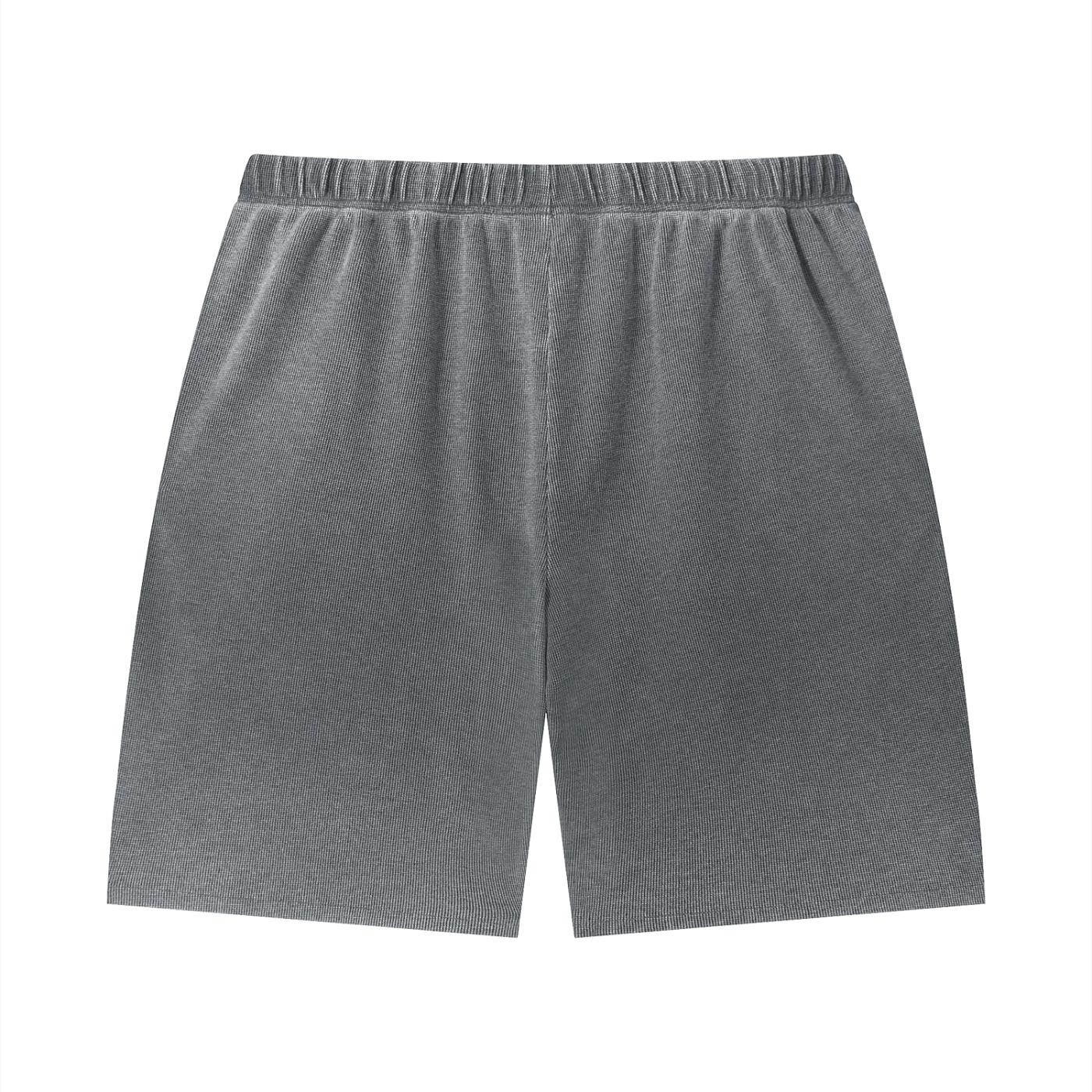 Merch in Town Vintage Wash Sunfade Waffle Raw Hem Shorts in Dark Gray on a white background, back view.