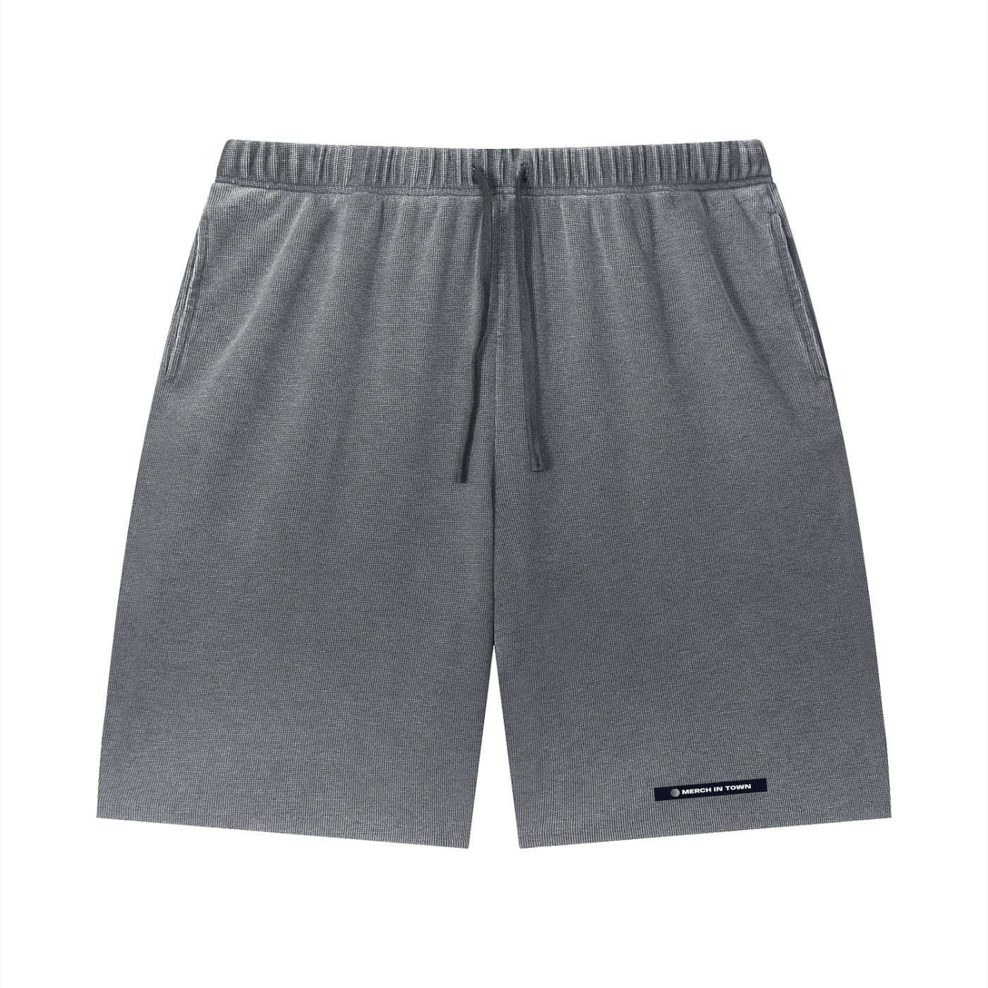 Merch in Town Vintage Wash Sunfade Waffle Raw Hem Shorts in Dark Gray on a white background, front view.