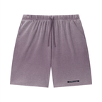 Merch in Town Vintage Wash Sunfade Waffle Raw Hem Shorts in Plum Purple on a white background, front view.