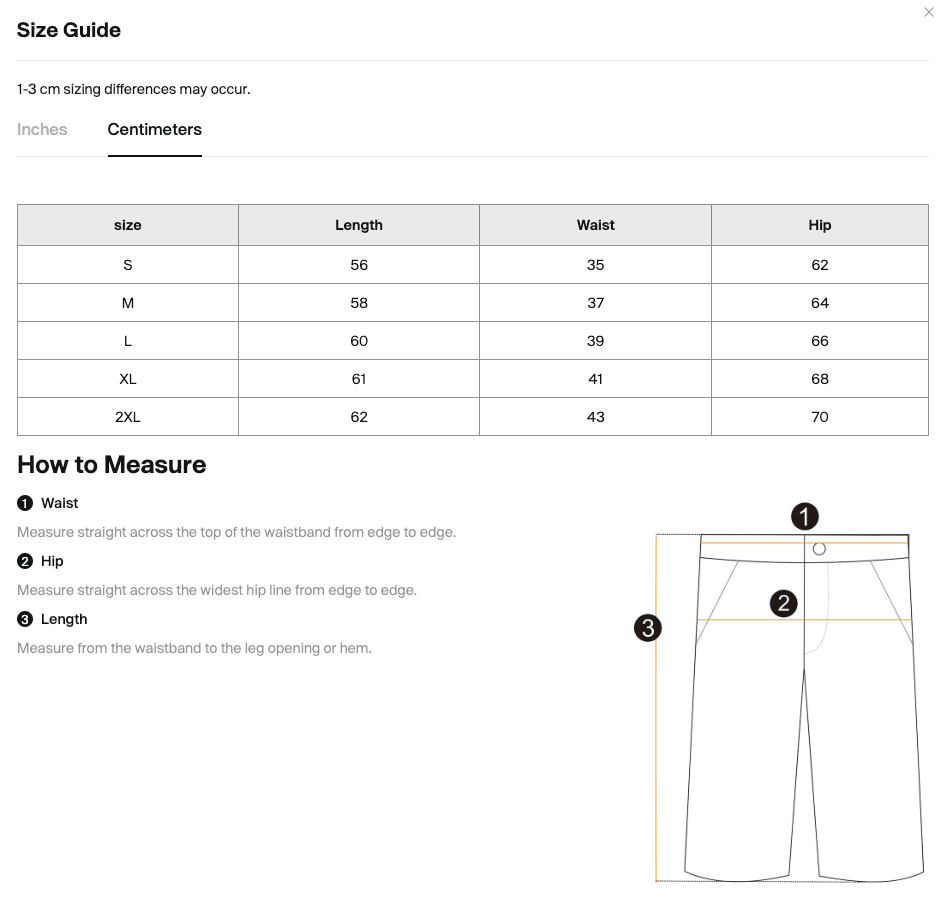 Size chart for the Merch in Town Vintage Wash Sunfade Waffle Raw Hem Shorts with measurements in centimeters.