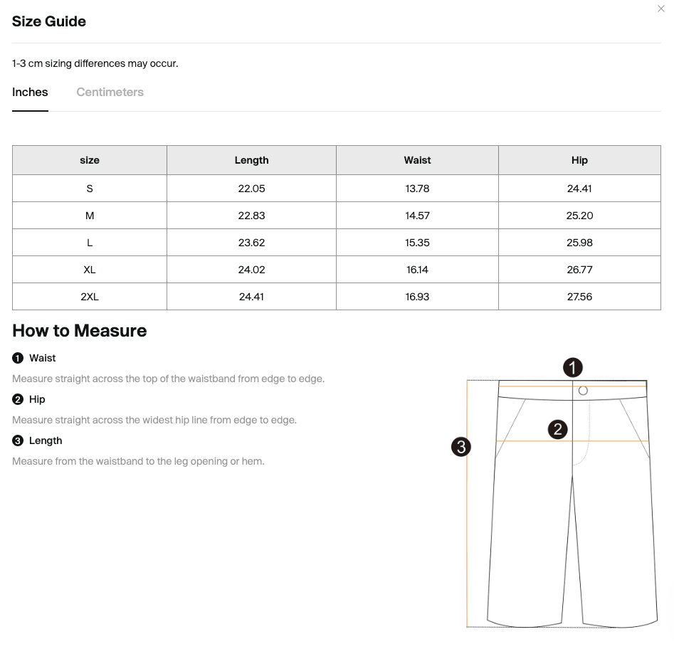 Size chart for the Merch in Town Vintage Wash Sunfade Waffle Raw Hem Shorts with measurements in inches.