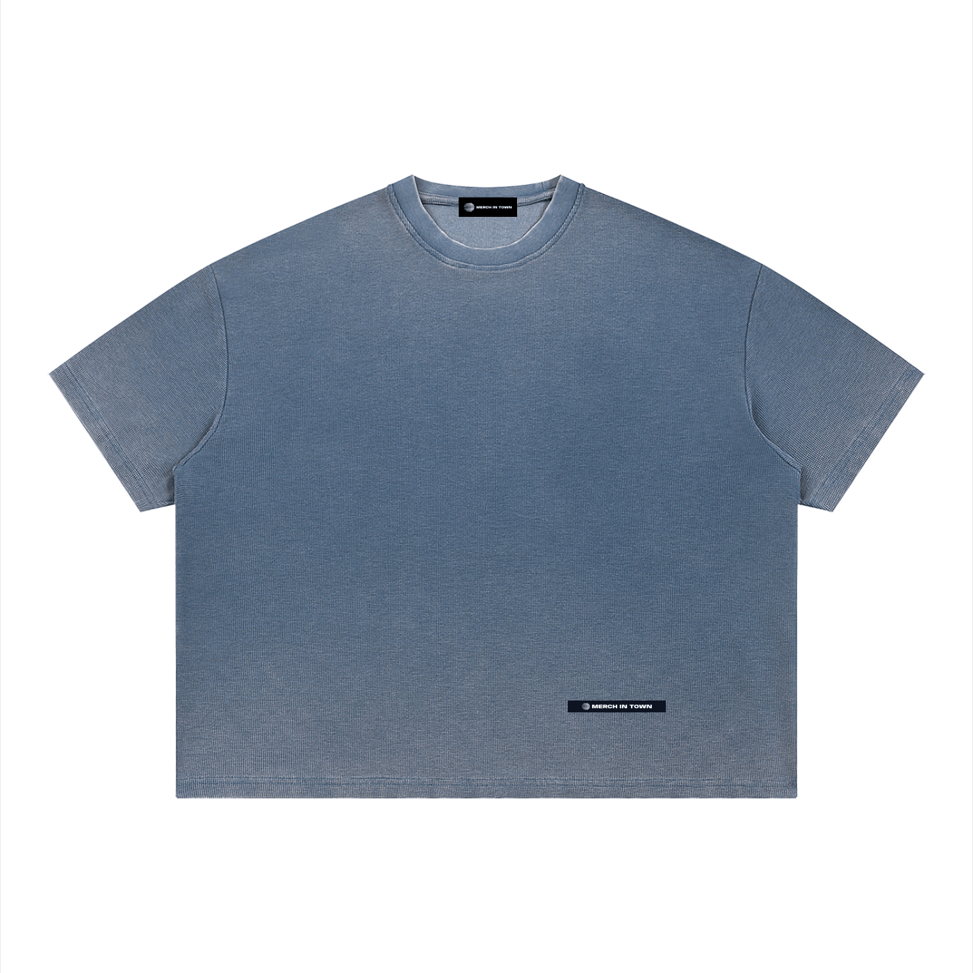 Merch in Town Vintage Wash Sunfade Boxy Waffle T-Shirt in Blue on a white background, front view.
