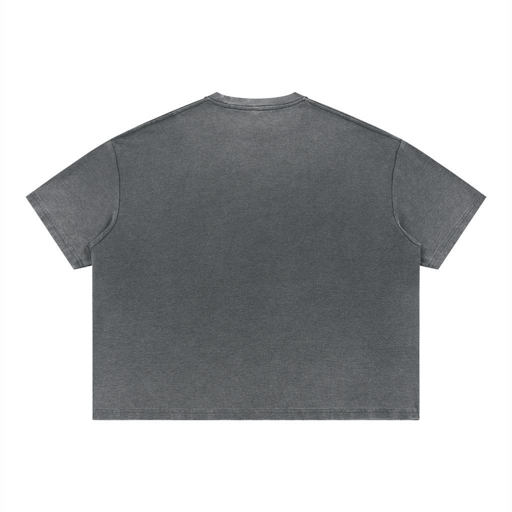 Merch in Town Vintage Wash Sunfade Boxy Waffle T-Shirt in Dark Gray on a white background, back view.