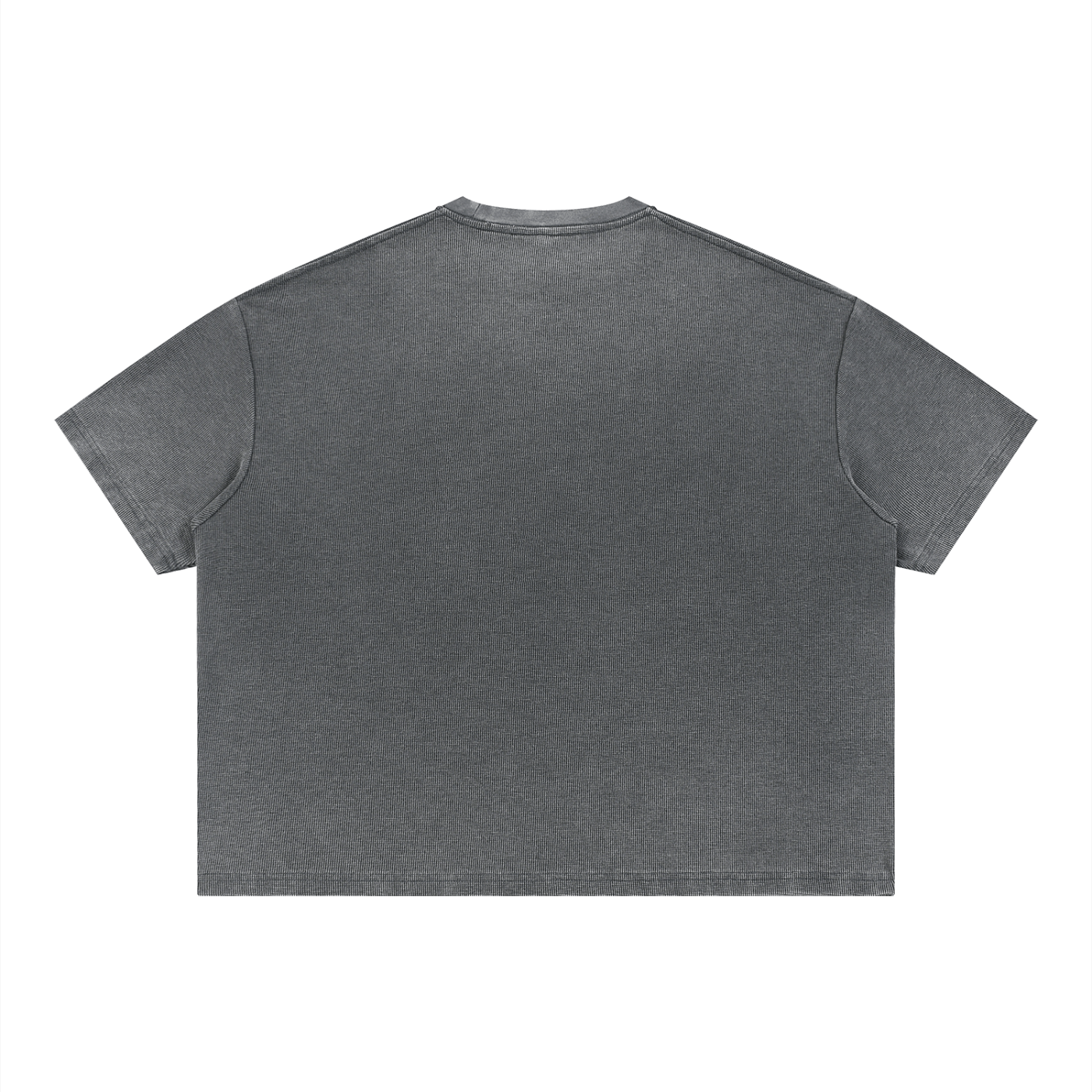 Merch in Town Vintage Wash Sunfade Boxy Waffle T-Shirt in Dark Gray on a white background, back view.