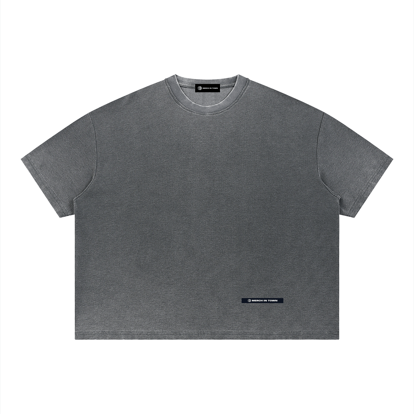 Merch in Town Vintage Wash Sunfade Boxy Waffle T-Shirt in Dark Gray on a white background, front view.