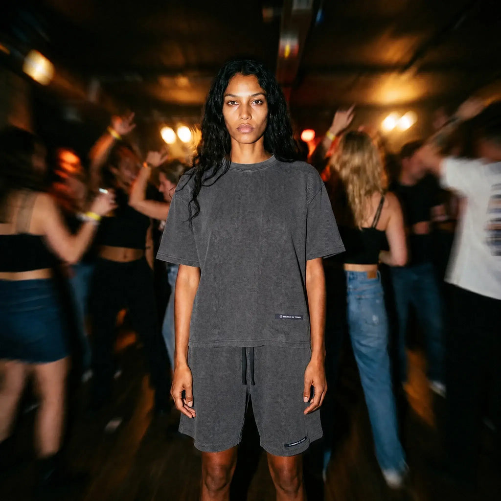 Merch in Town Vintage Wash Sunfade Boxy Waffle T-Shirt in Dark Gray, front lifestyle shot