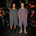 Merch in Town Vintage Wash Sunfade Boxy Waffle T-Shirt in Dark Gray and Plum Purple, two-model lifestyle shot