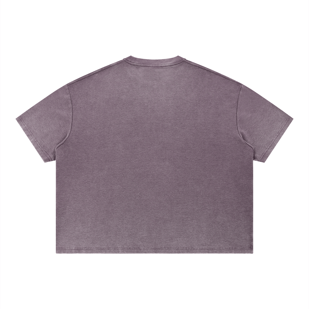 Merch in Town Vintage Wash Sunfade Boxy Waffle T-Shirt in Plum Purple on a white background, back view.
