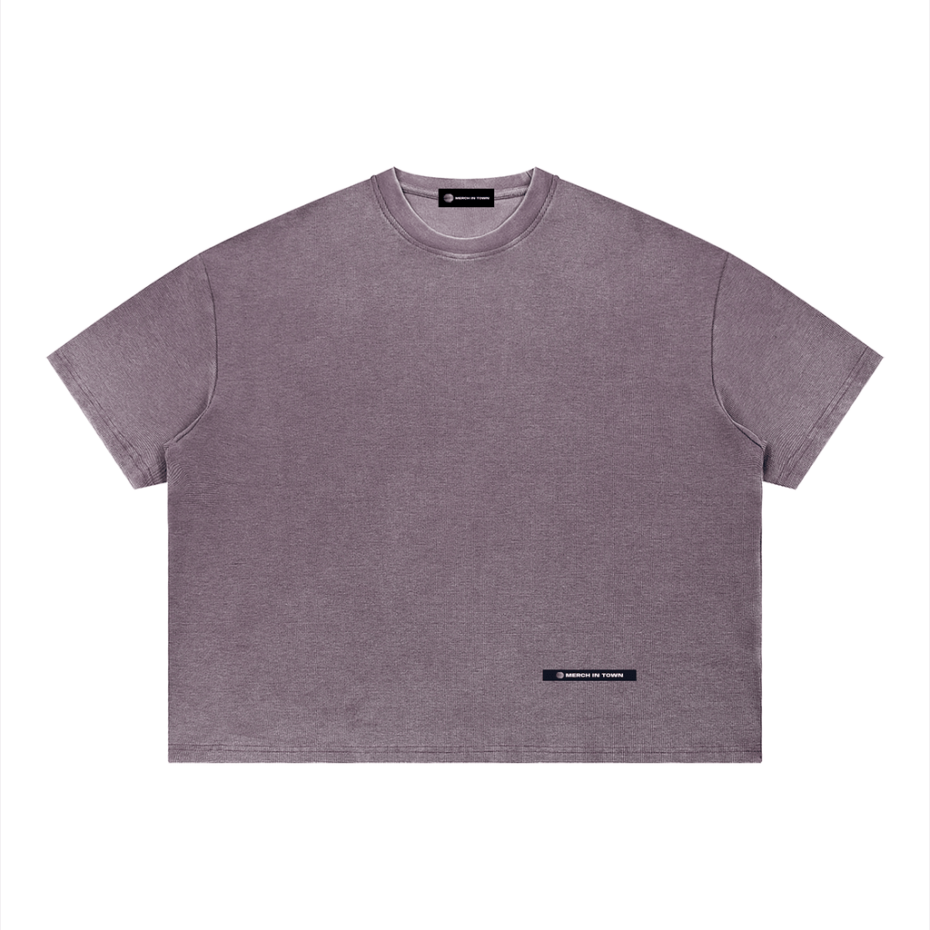 Merch in Town Vintage Wash Sunfade Boxy Waffle T-Shirt in Plum Purple on a white background, front view.