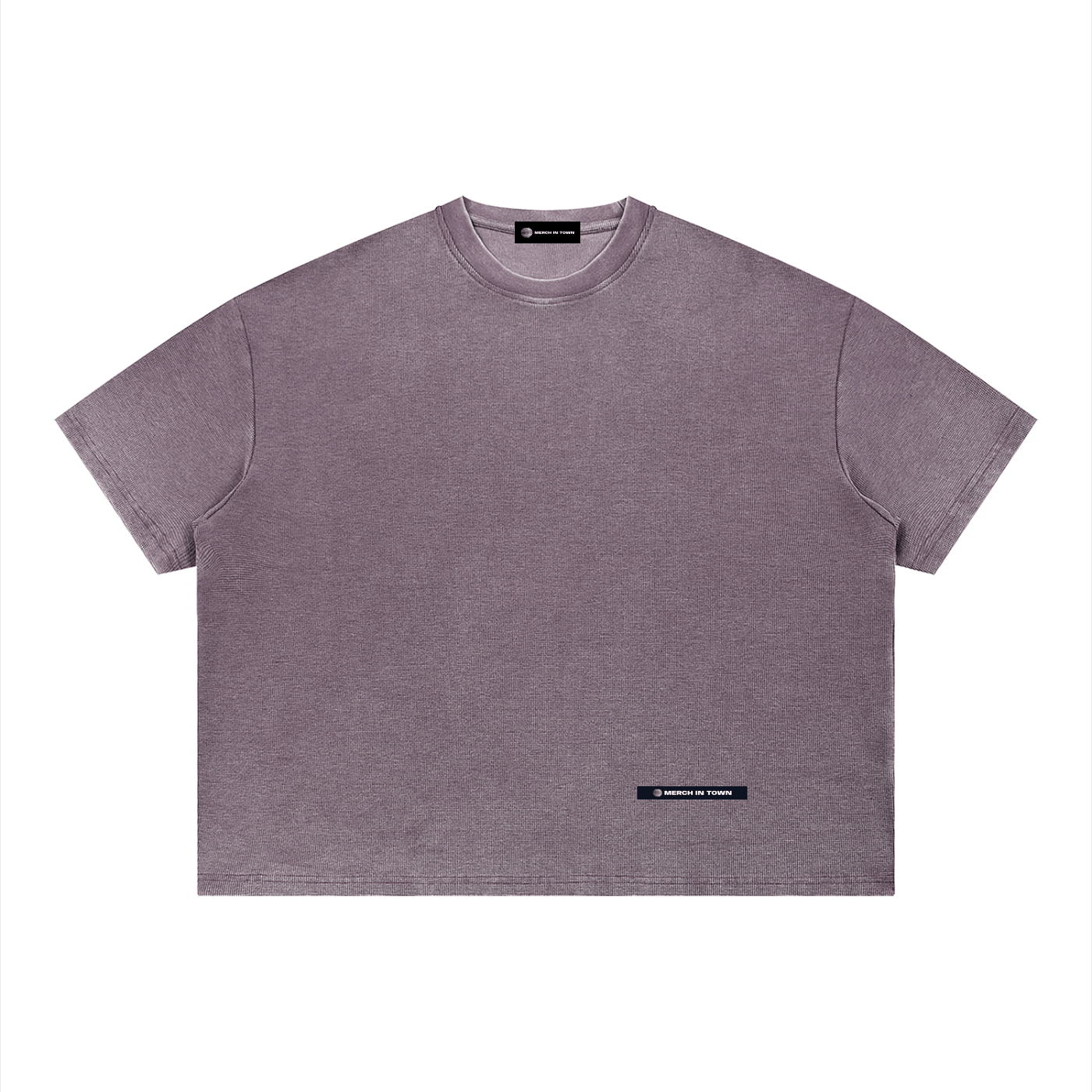 Merch in Town Vintage Wash Sunfade Boxy Waffle T-Shirt in Plum Purple on a white background, front view.