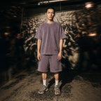 Merch in Town Vintage Wash Sunfade Boxy Waffle T-Shirt in Plum Purple, full-length lifestyle shot
