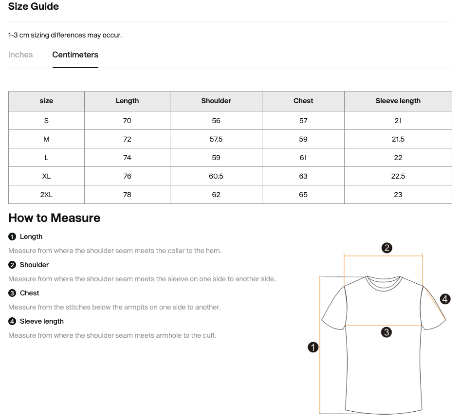 Size chart for the Merch in Town Vintage Wash Sunfade Boxy Waffle T-Shirt with measurements in centimeters.