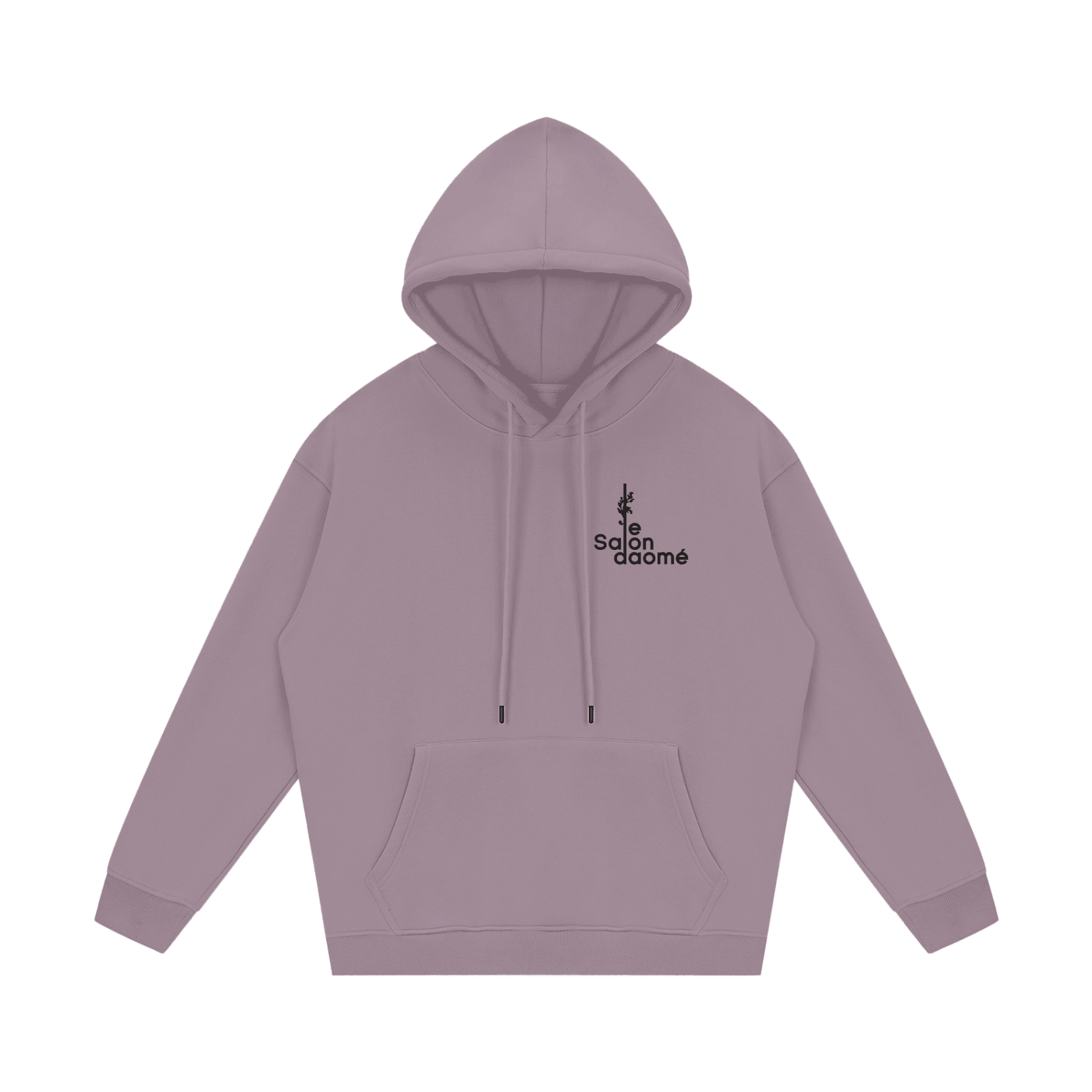 Salon Daomé ash purple streetwear fleece hoodie on a white background, front view.