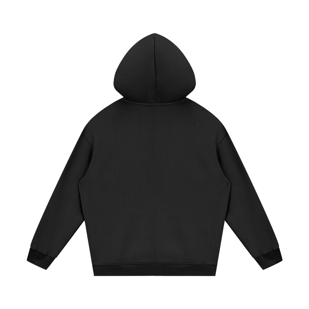 Salon Daomé black streetwear fleece hoodie on a white background, back view.