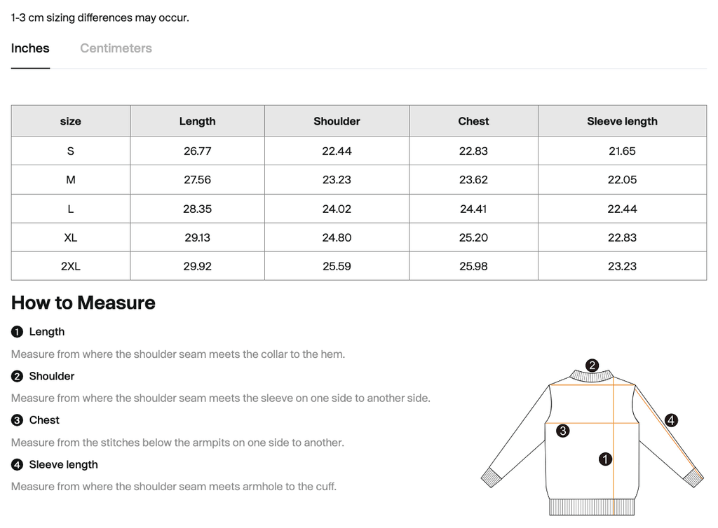 Size chart for the Salon Daomé streetwear fleece hoodie with measurements in inches.