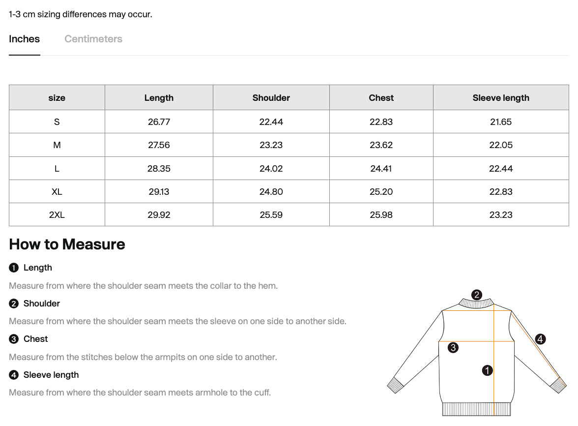 Size chart for the Salon Daomé streetwear fleece hoodie with measurements in inches.