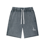 Salon Daomé medium gray mineral wash raw edge shorts on a white background, front view.