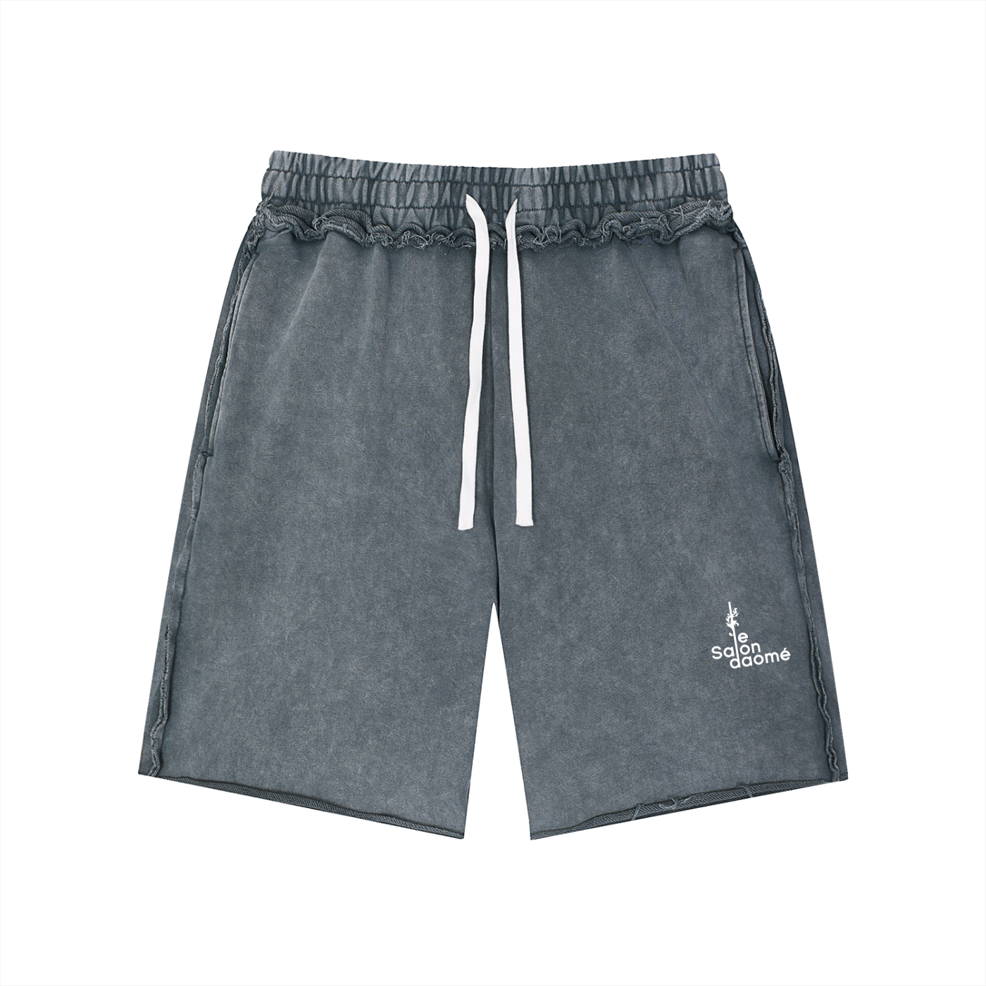 Salon Daomé medium gray mineral wash raw edge shorts on a white background, front view.
