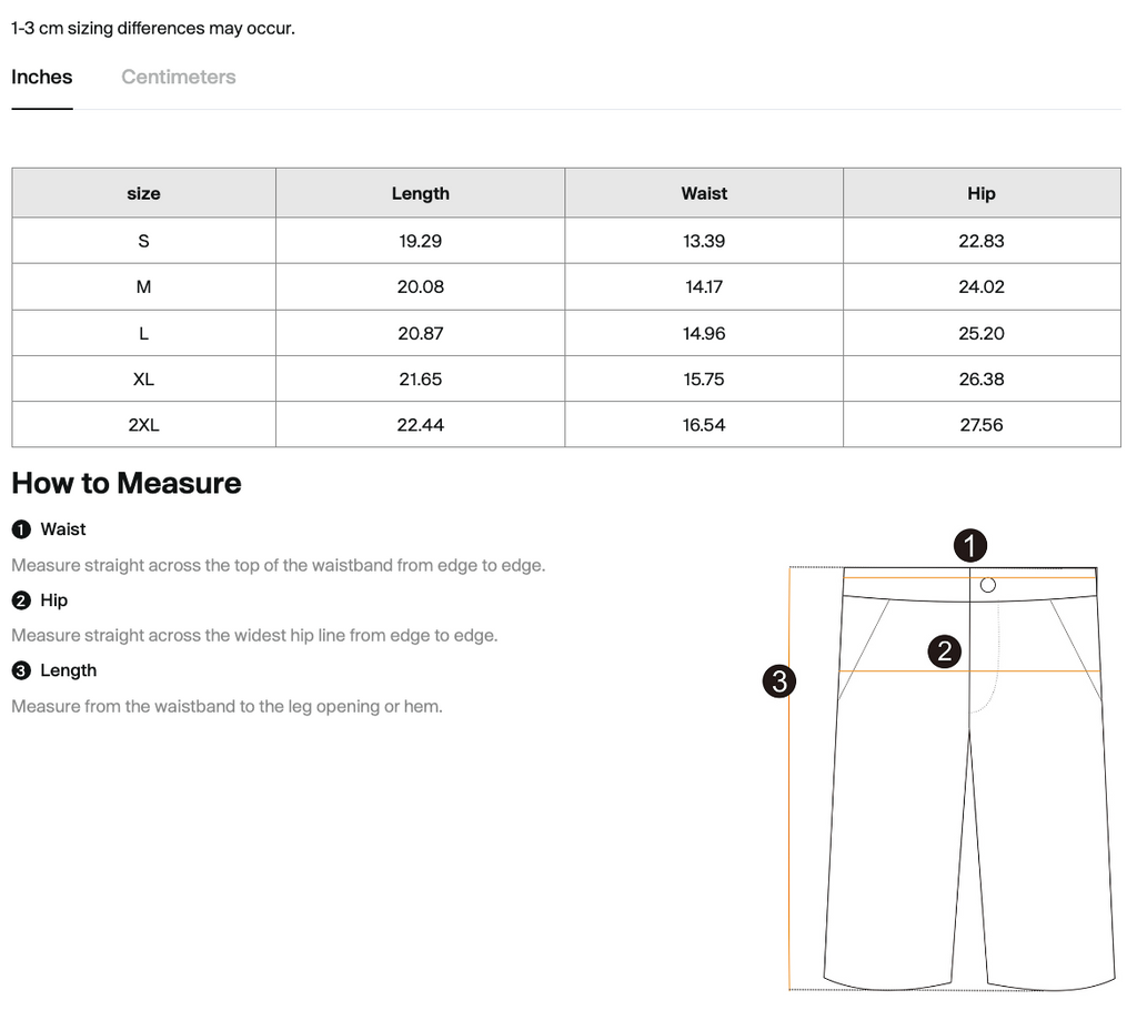 Size chart for the Salon Daomé mineral wash raw edge shorts with measurements in inches.