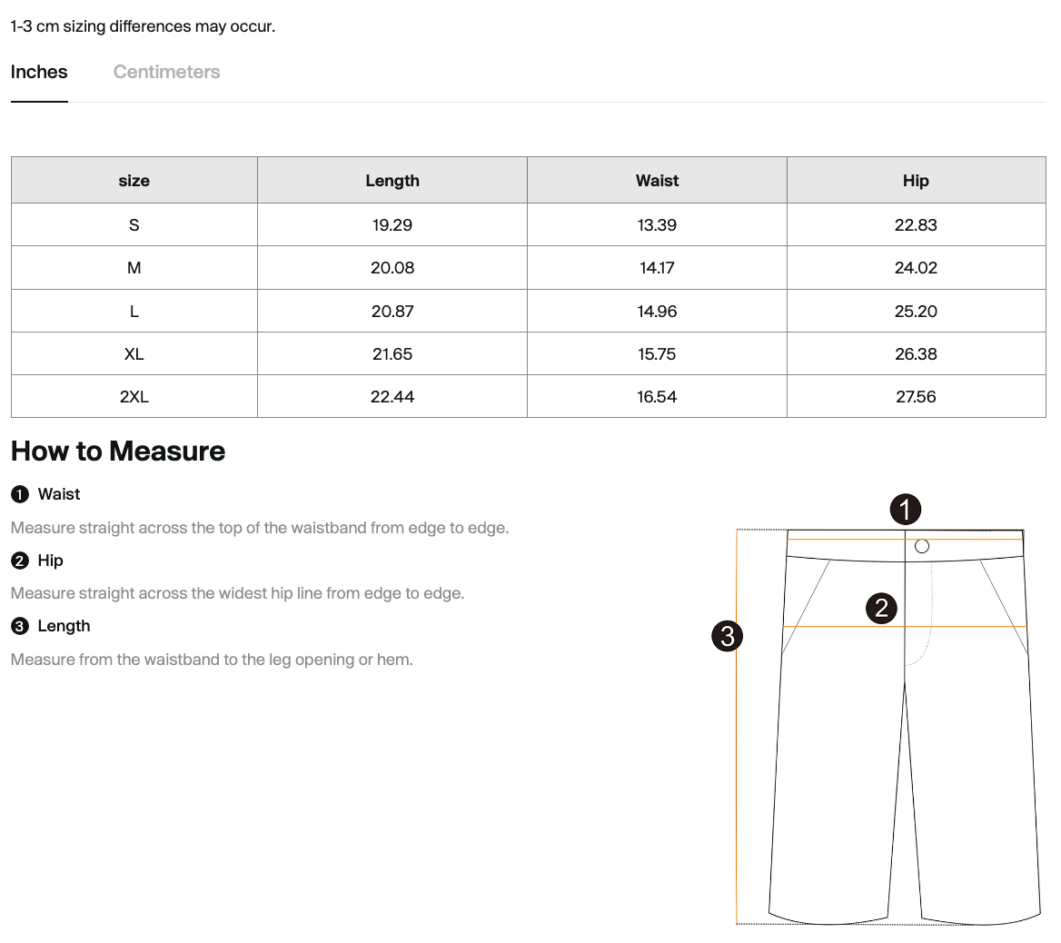 Size chart for the Salon Daomé mineral wash raw edge shorts with measurements in inches.