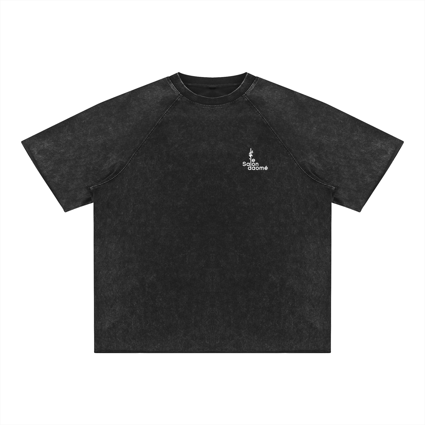 Salon Daomé black mineral wash raw edge t-shirt on a white background, front view.