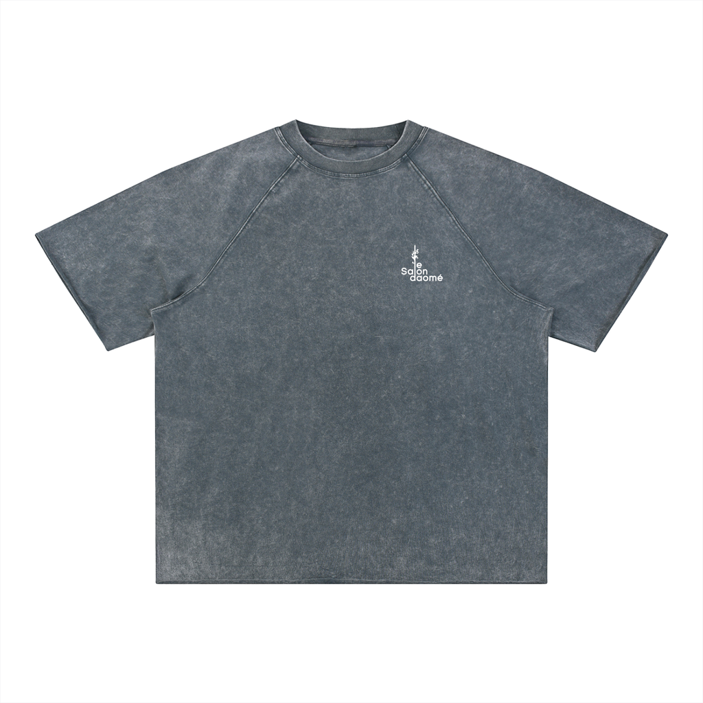 Salon Daomé blue-gray mineral wash raw edge t-shirt on a white background, front view.