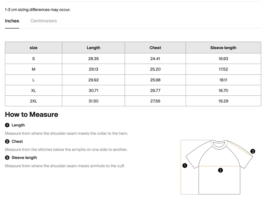 Size chart for the Salon Daomé mineral wash raw edge t-shirt with measurements in inches.