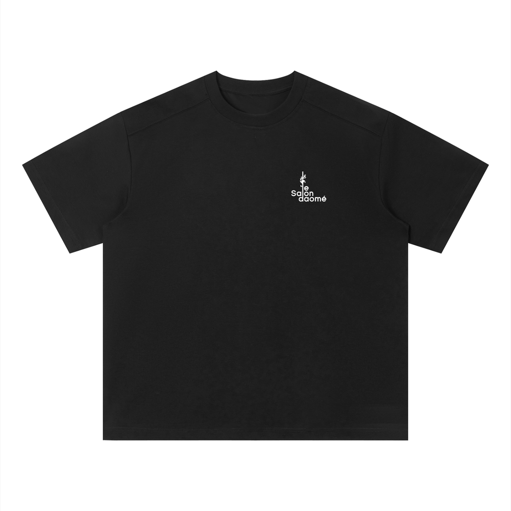 Salon Daomé black Sorona quick-dry loose fit boxy t-shirt on a white background, front view.