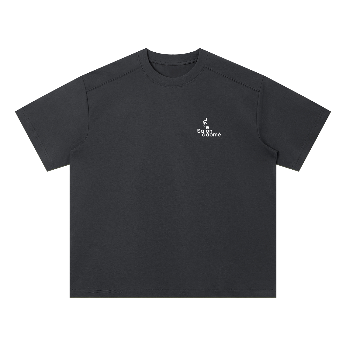 Salon Daomé dark gray Sorona quick-dry loose fit boxy t-shirt on a white background, front view.