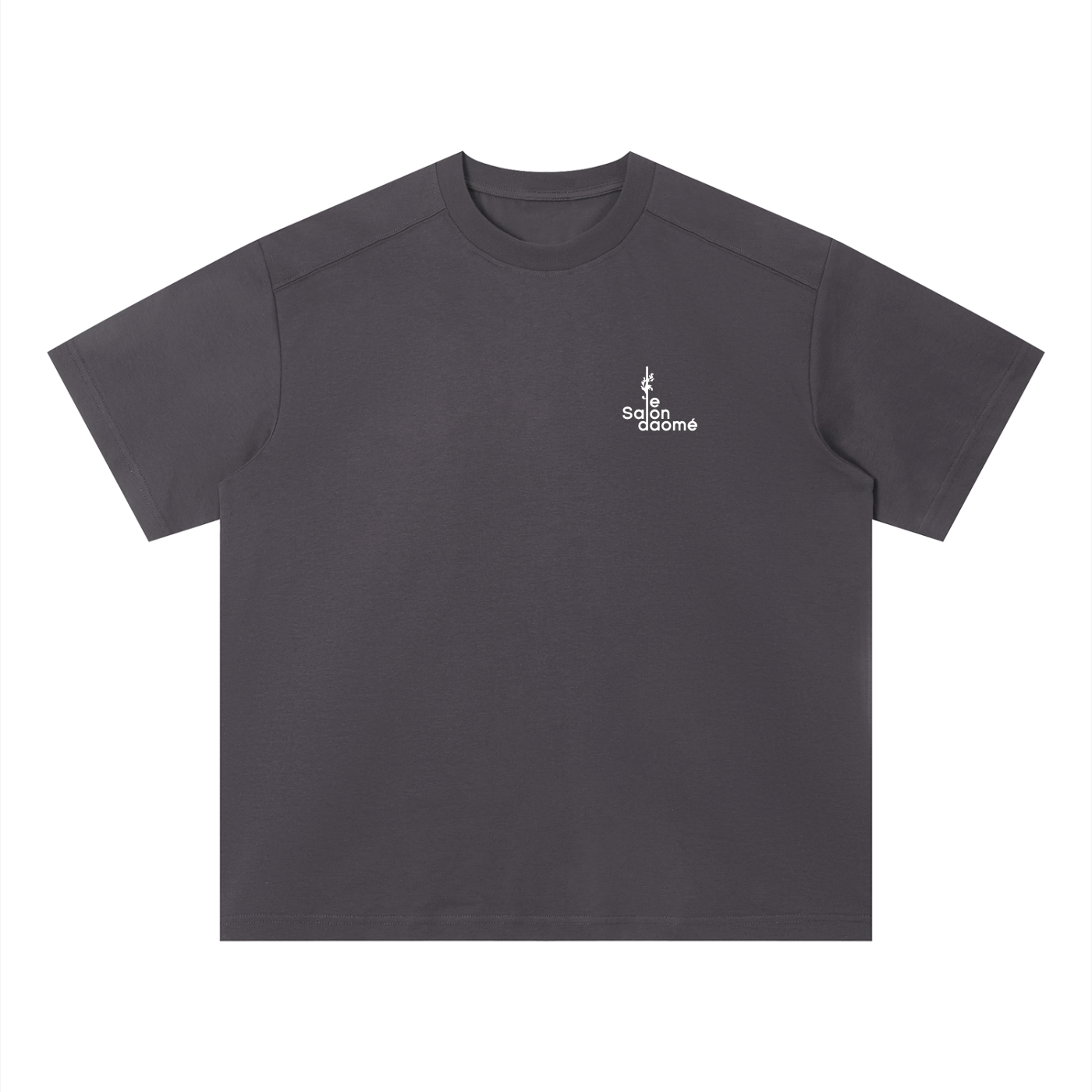 Salon Daomé dark purple Sorona quick-dry loose fit boxy t-shirt on a white background, front view.