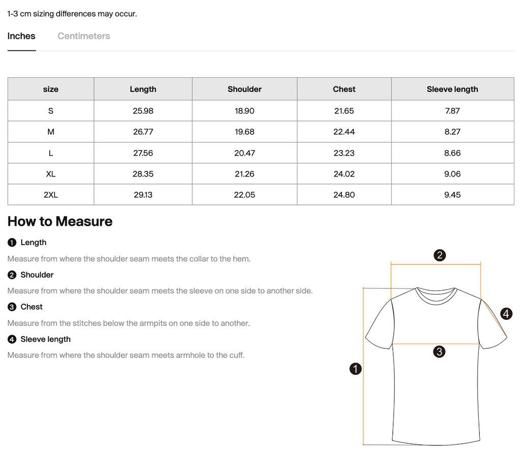 Size chart for the Salon Daomé Sorona quick-dry loose fit boxy t-shirt with measurements in inches.