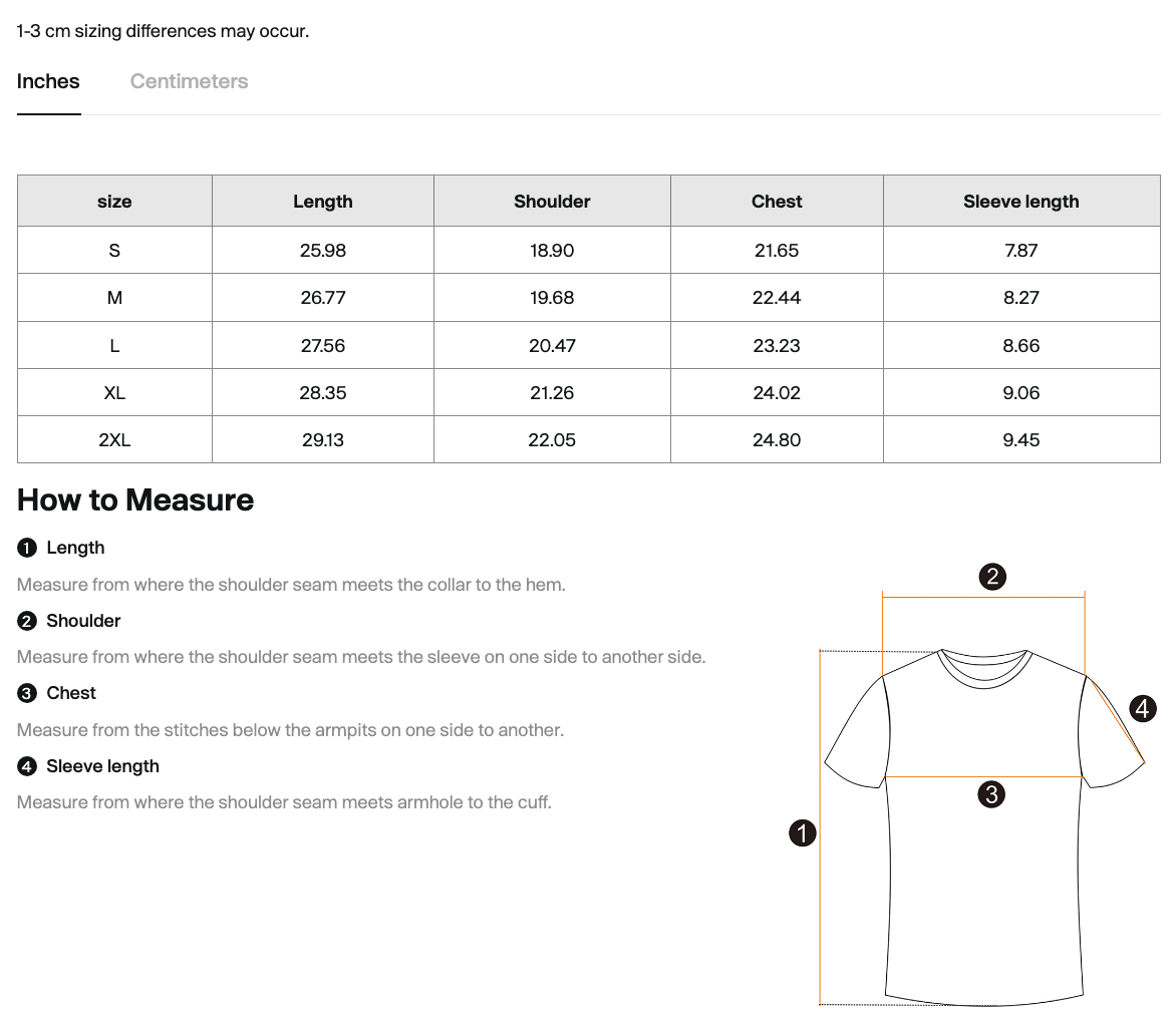 Size chart for the Salon Daomé Sorona quick-dry loose fit boxy t-shirt with measurements in inches.