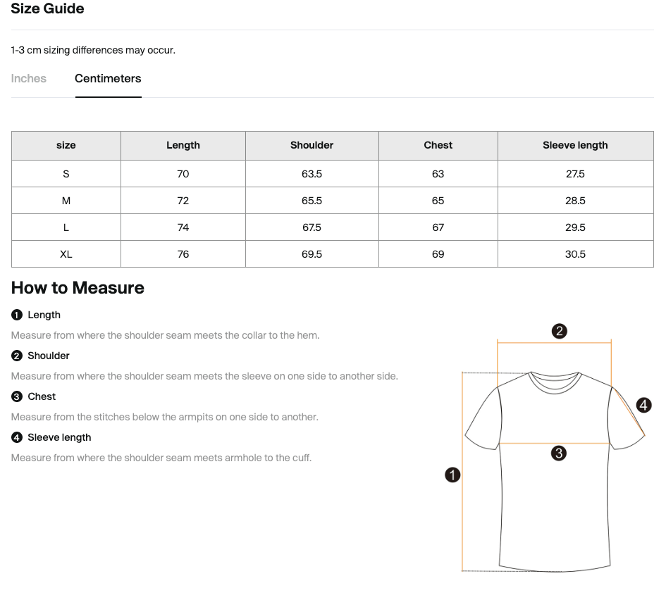 Size chart for the Teeto Oversized Drop Shoulder T-Shirt with measurements in centimeters.
