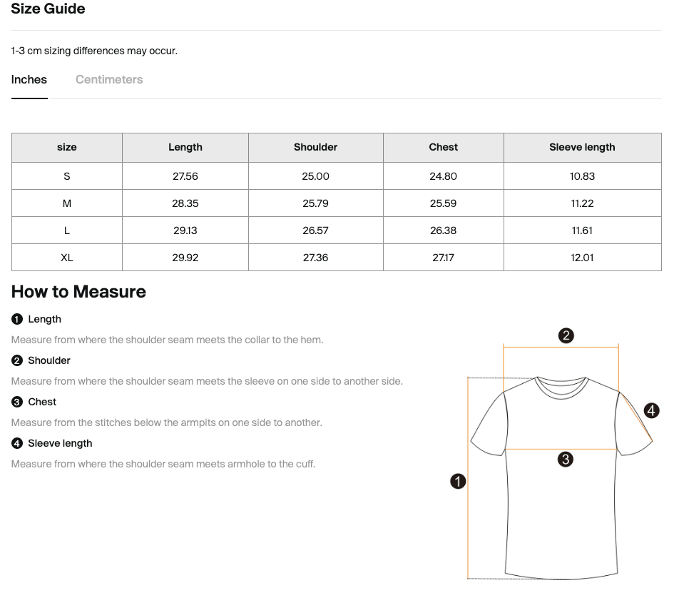 Size chart for the Teeto Oversized Drop Shoulder T-Shirt with measurements in inches.