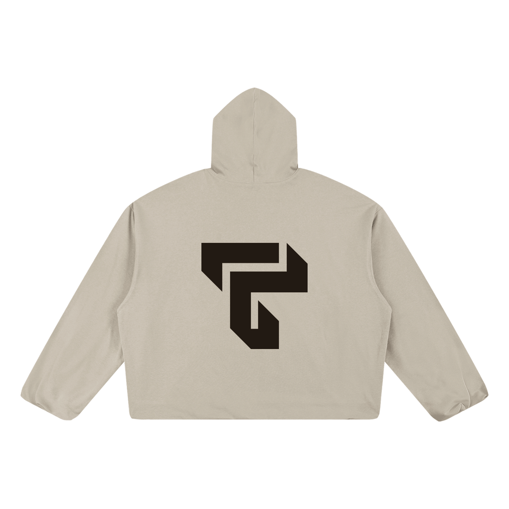 Teeto Boxy Gather-Hem Hoodie in Khaki on a white background, back view with back logo.