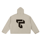 Teeto Boxy Gather-Hem Hoodie in Khaki on a white background, back view with back logo.