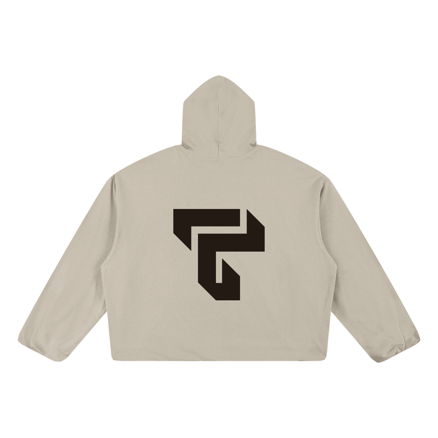 Teeto Boxy Gather-Hem Hoodie in Khaki on a white background, back view with back logo.