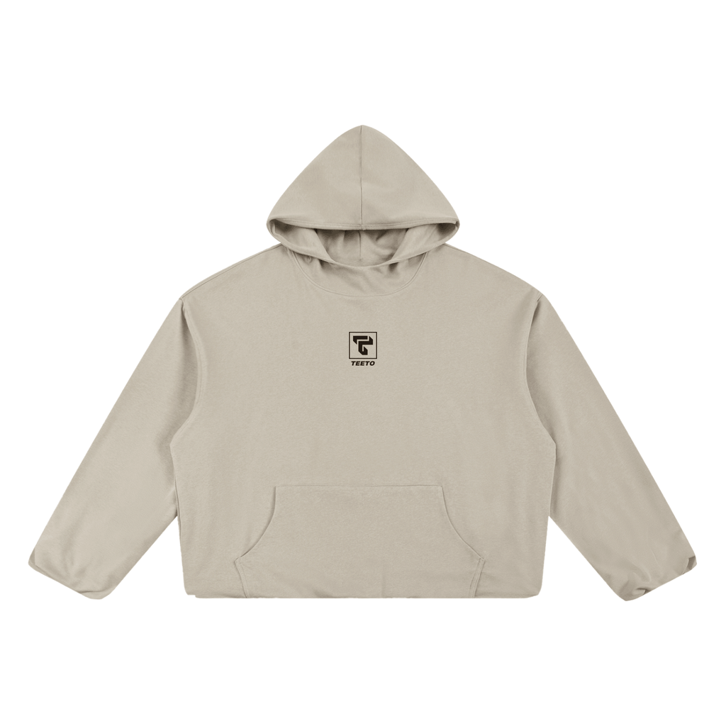 Teeto Boxy Gather-Hem Hoodie in Khaki on a white background, front view.