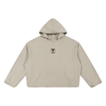 Teeto Boxy Gather-Hem Hoodie in Khaki on a white background, front view.