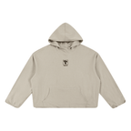 Teeto Boxy Gather-Hem Hoodie in Khaki on a white background, front view.