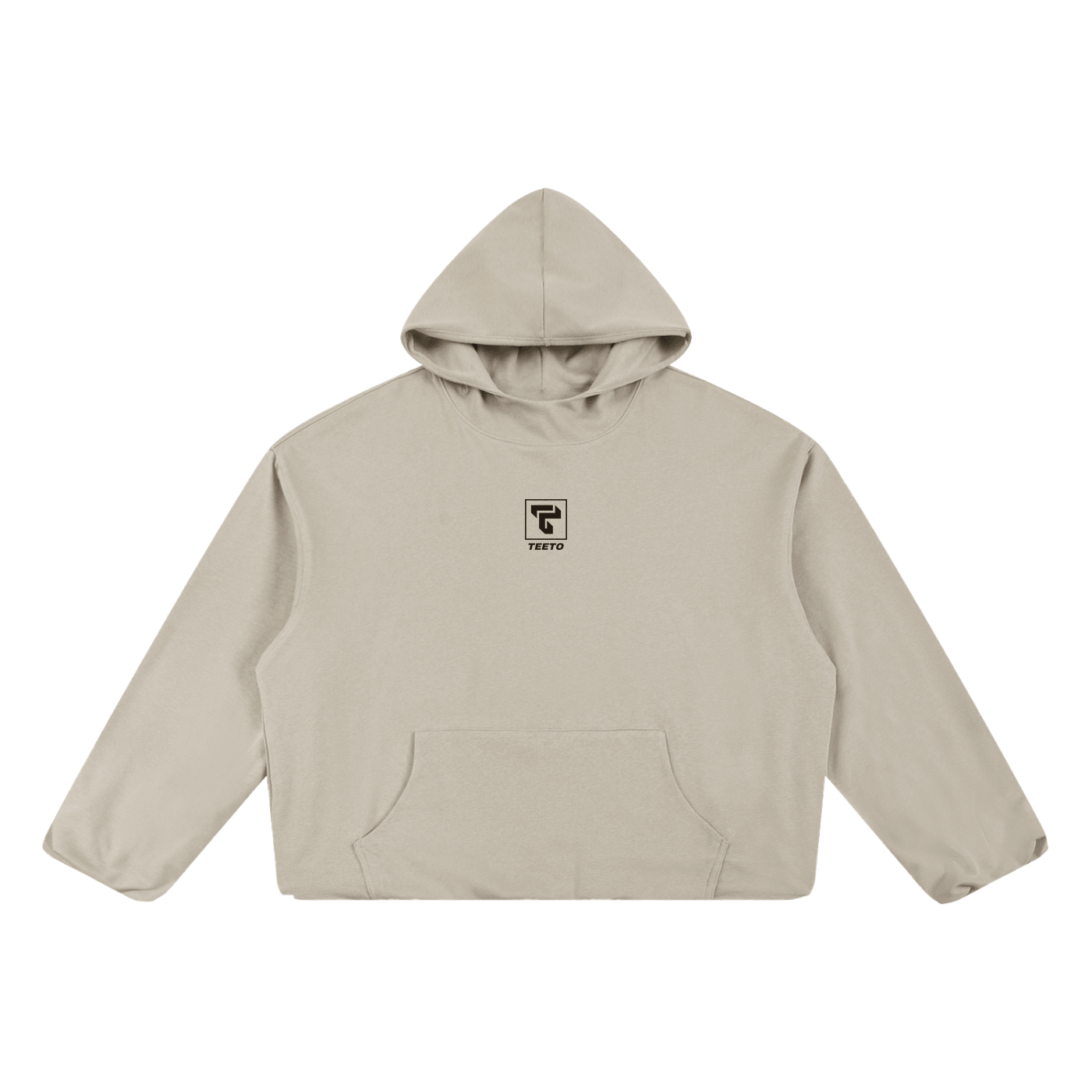 Teeto Boxy Gather-Hem Hoodie in Khaki on a white background, front view.