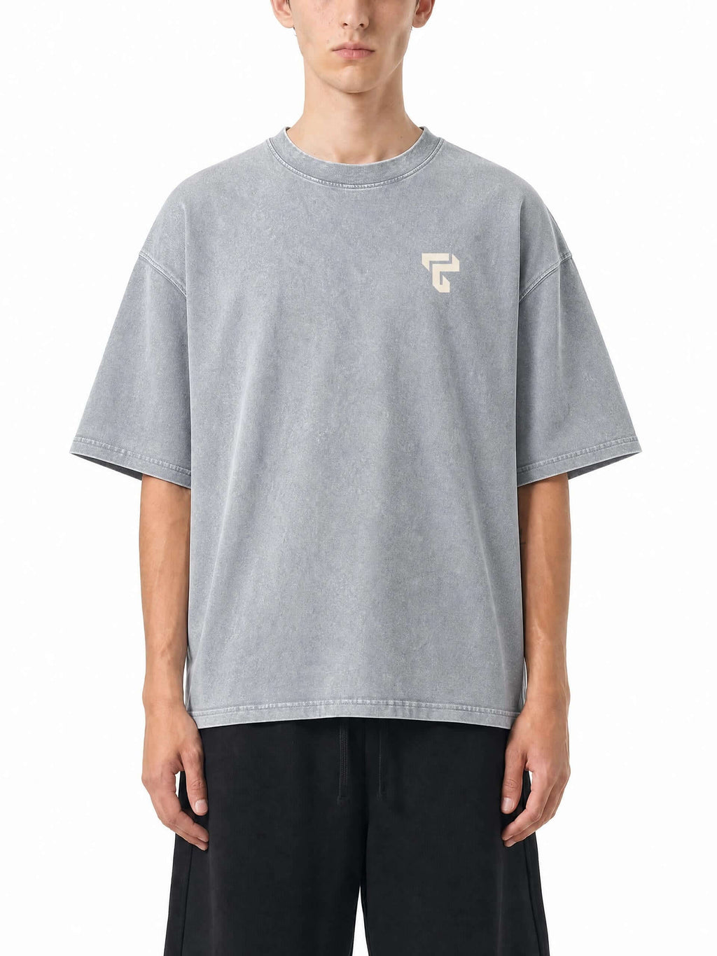 Teeto Mineral Wash Boxy Cotton T-Shirt in Light Gray worn by a model, front view.