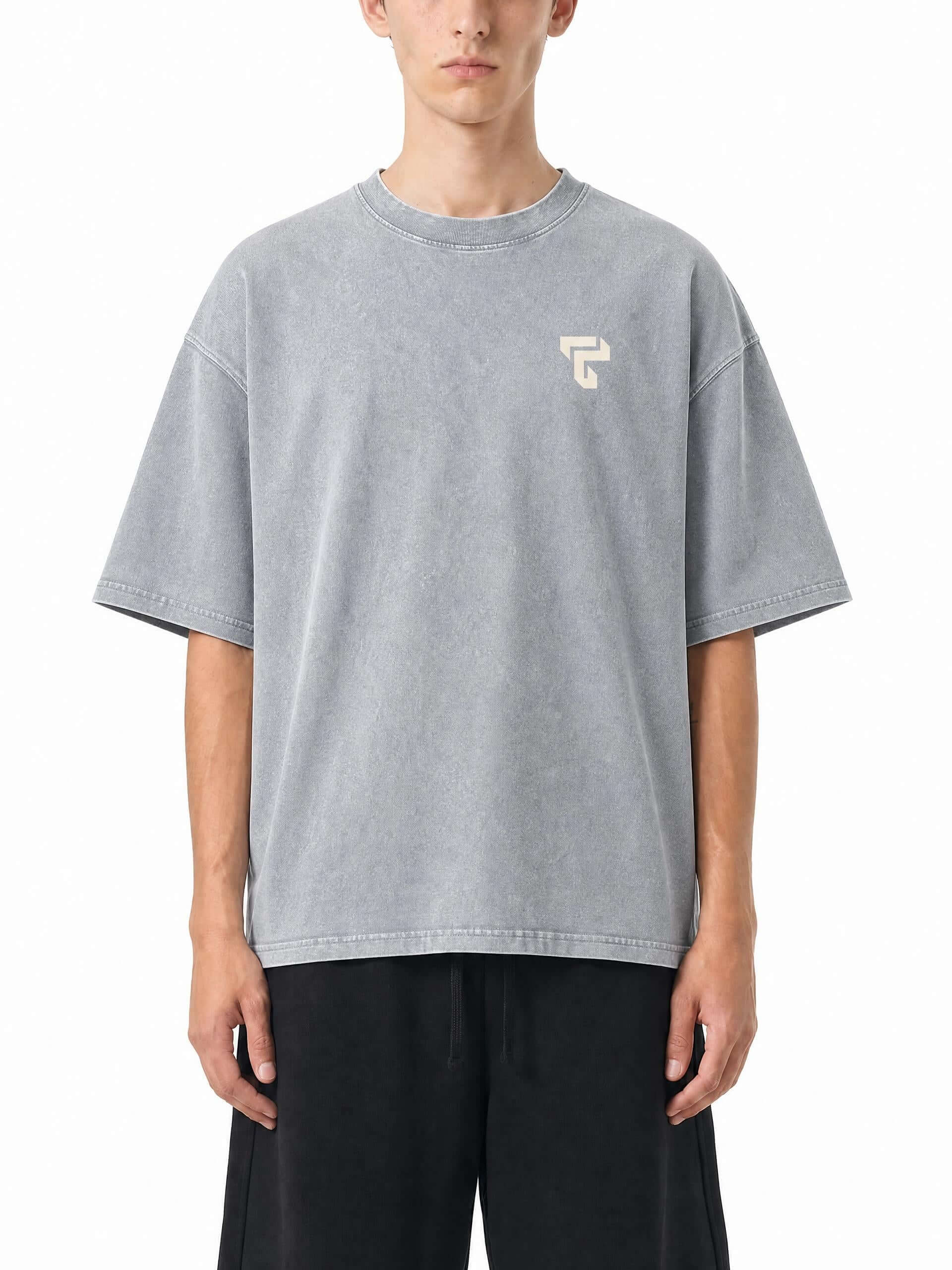 Teeto Mineral Wash Boxy Cotton T-Shirt in Light Gray worn by a model, front view.