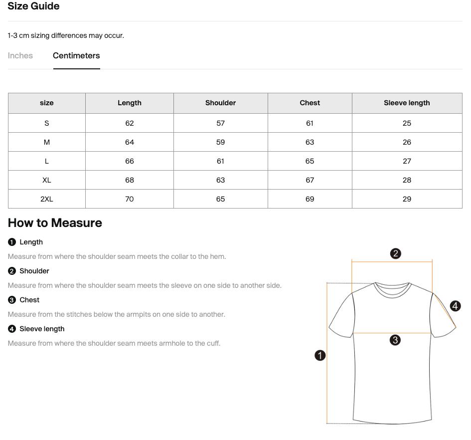 Size chart for the Teeto Mineral Wash Boxy Cotton T-Shirt with measurements in centimeters.