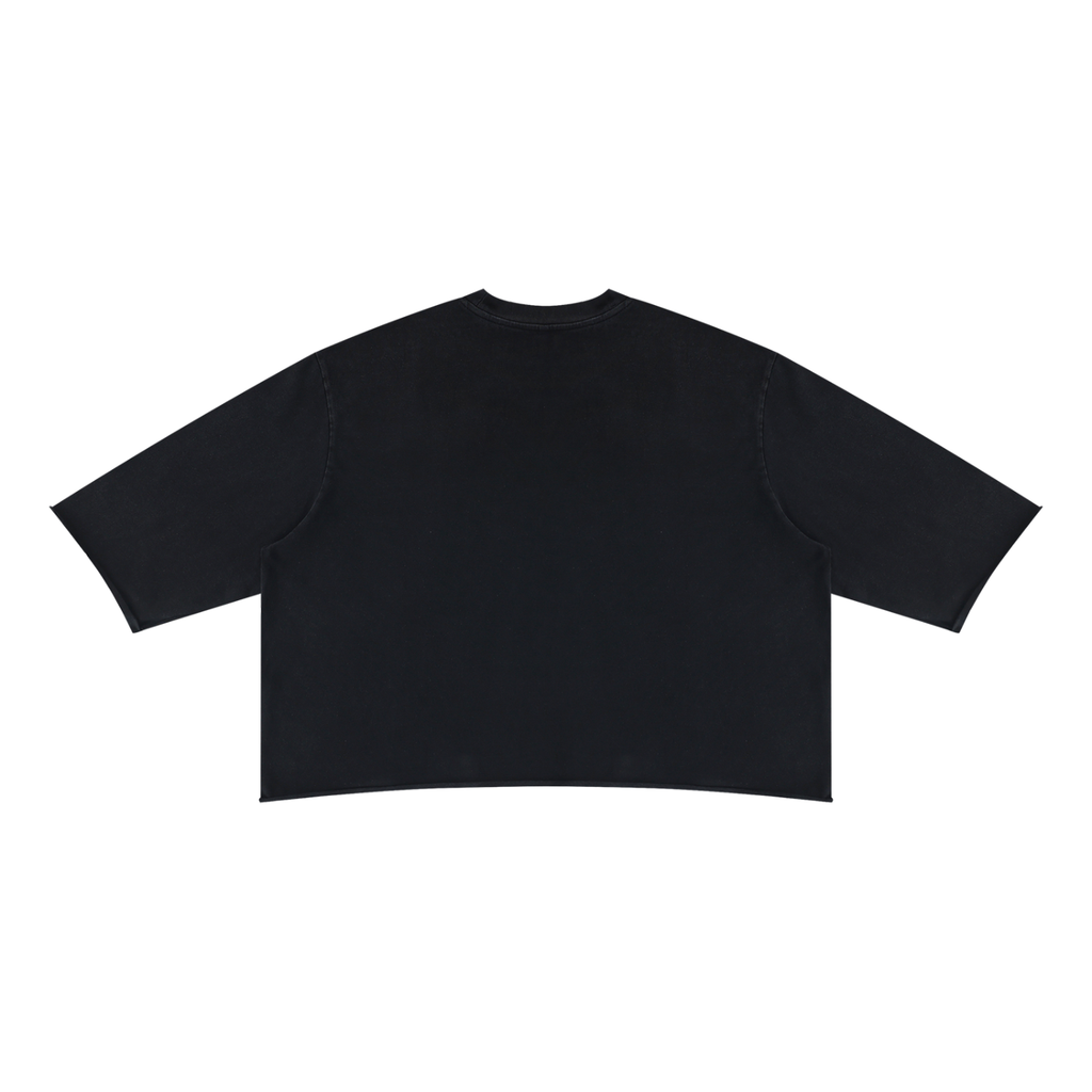 Teeto Mineral Wash Raw Hem Boxy T-Shirt in Black on a white background, back view.